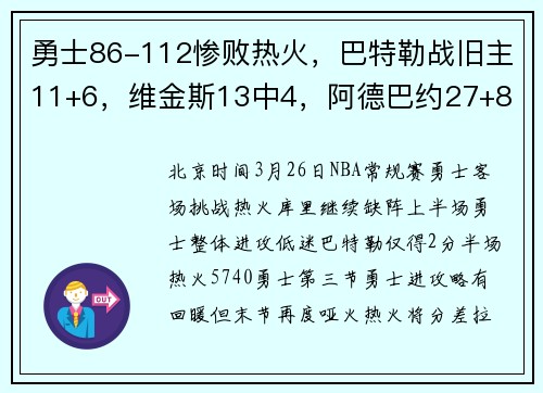 勇士86-112惨败热火，巴特勒战旧主11+6，维金斯13中4，阿德巴约27+8